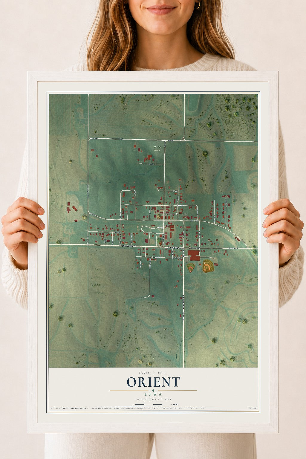 Map of Orient, Iowa, 18 x 24 inch print in a white wood frame