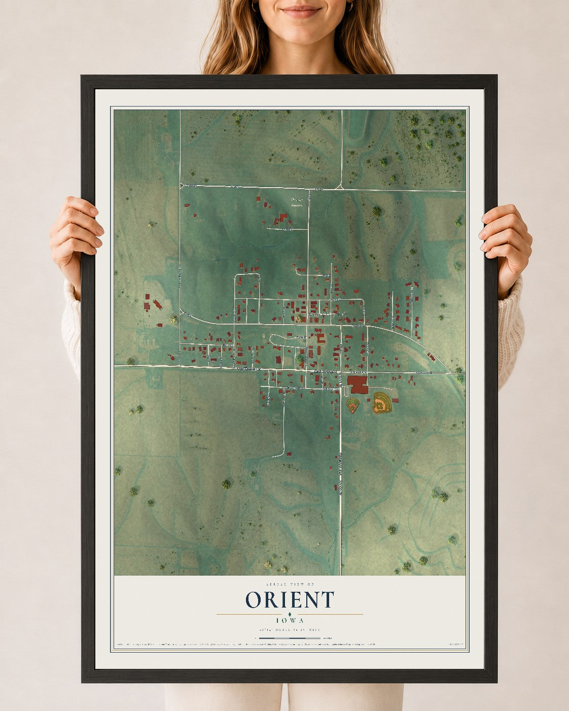 Map of Orient, Iowa, 24 x 36 inch print in a black wood frame