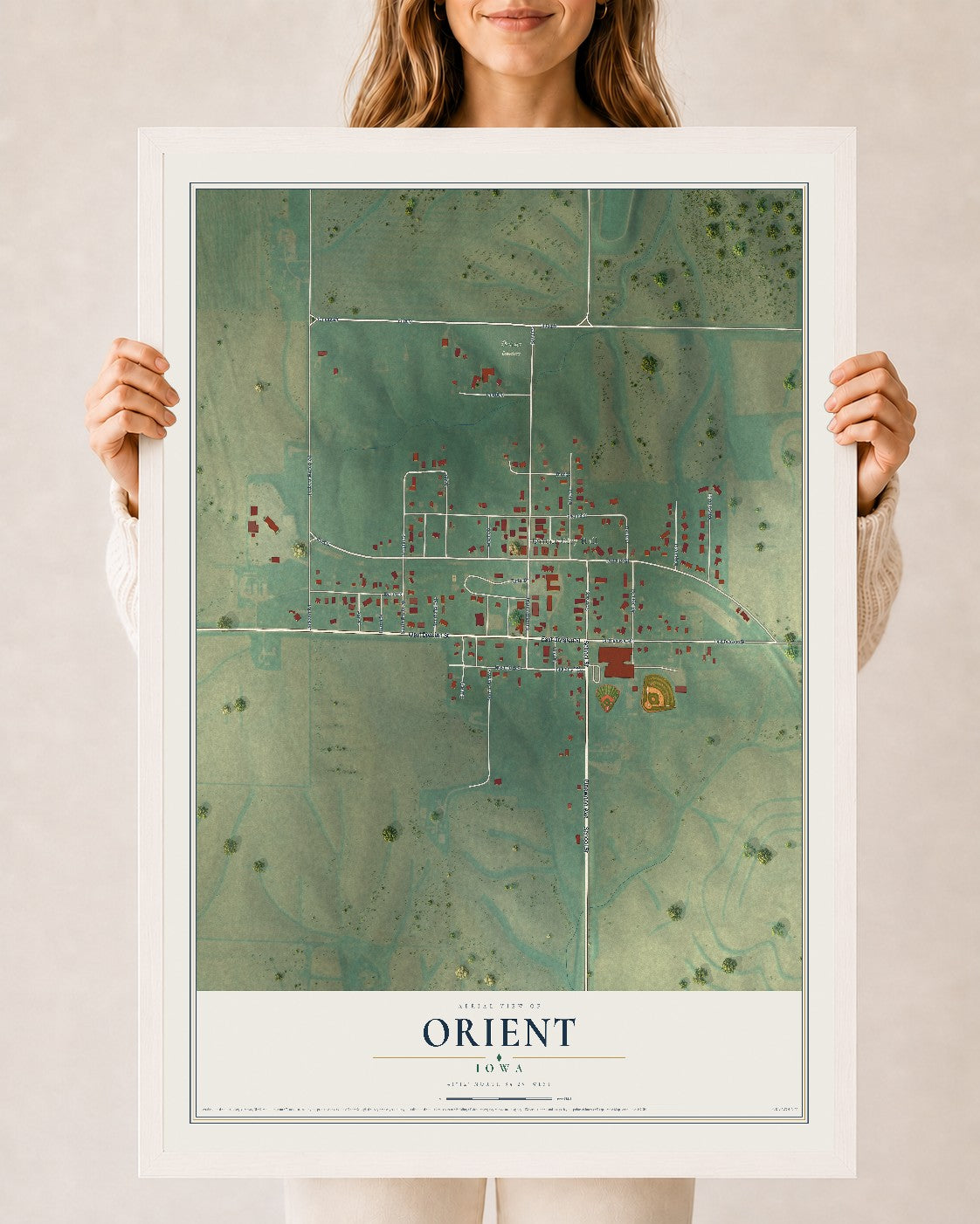 Map of Orient, Iowa, 24 x 36 inch print in a white wood frame