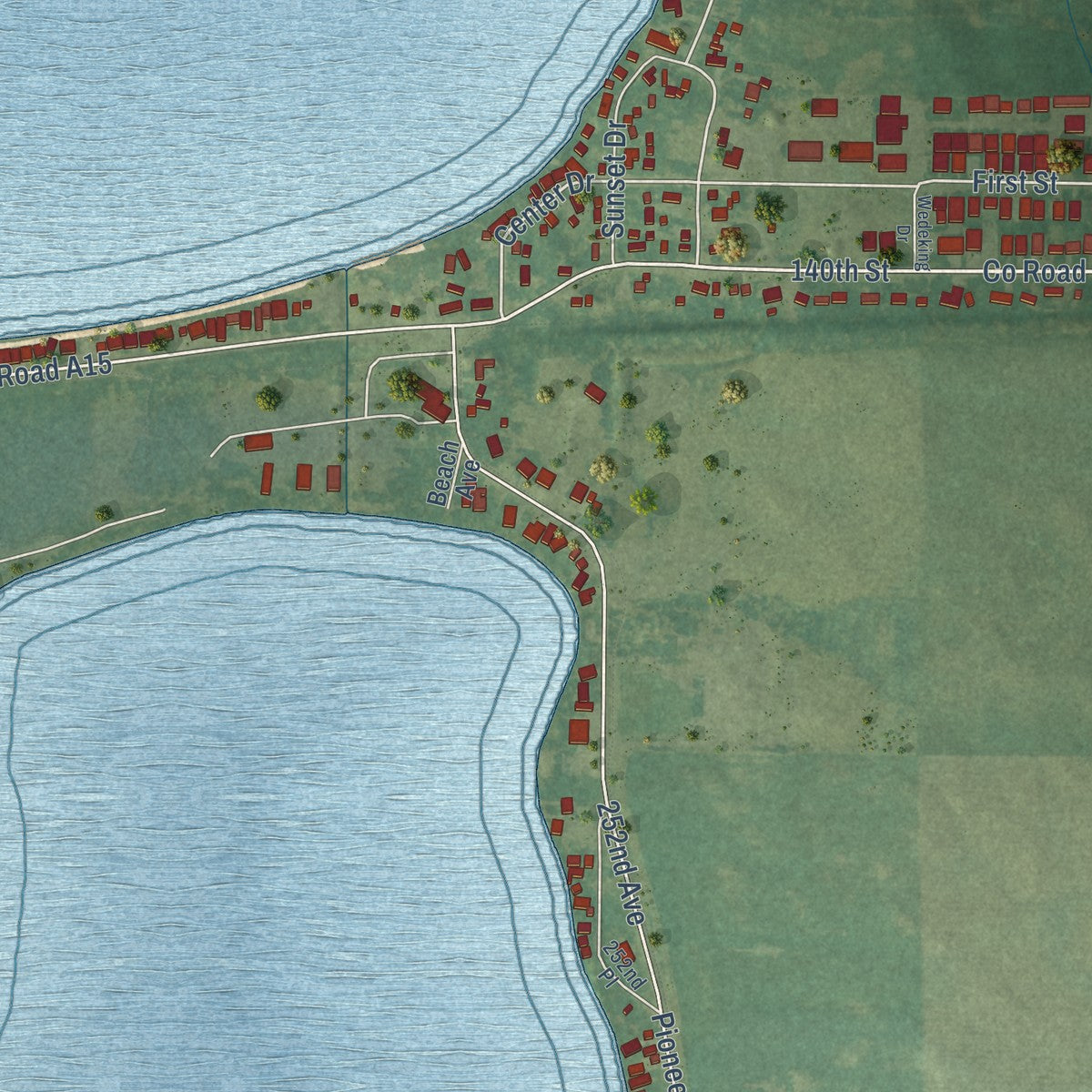 Close-up of the map of Orleans, Iowa print showing street and building detail