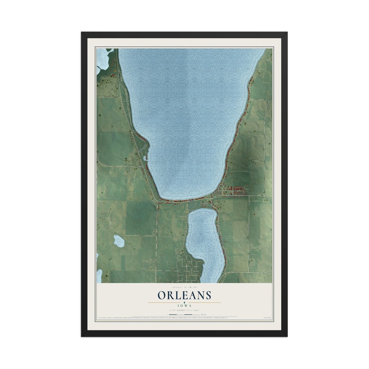 Map of Orleans, Iowa, 12 x 18 inch print in a black wood frame