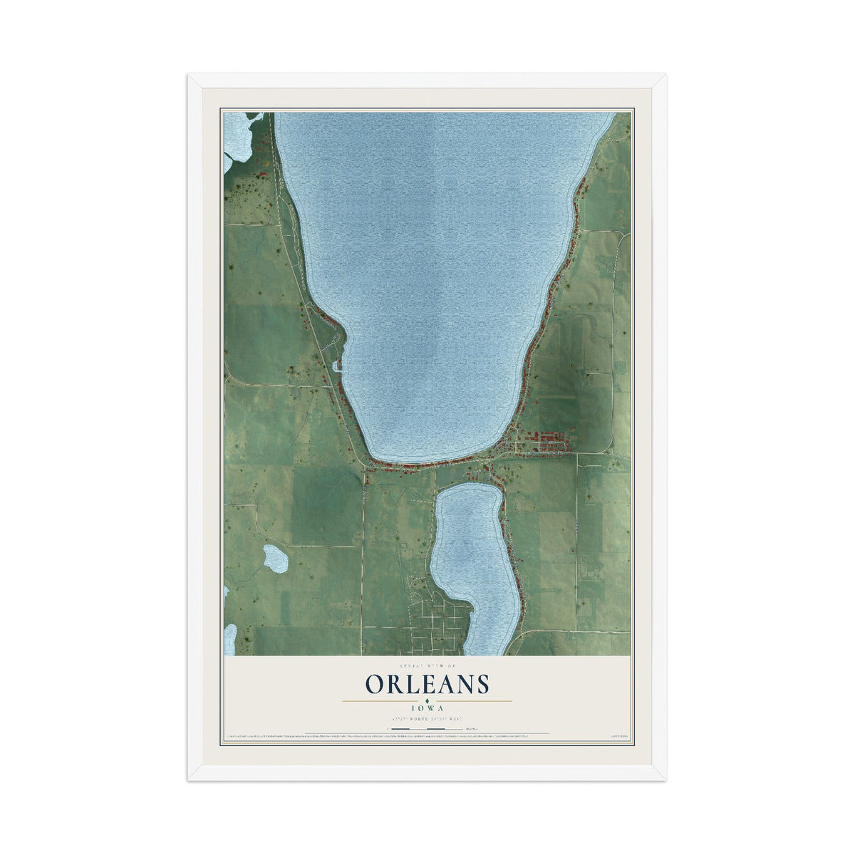 Map of Orleans, Iowa, 12 x 18 inch print in a white wood frame