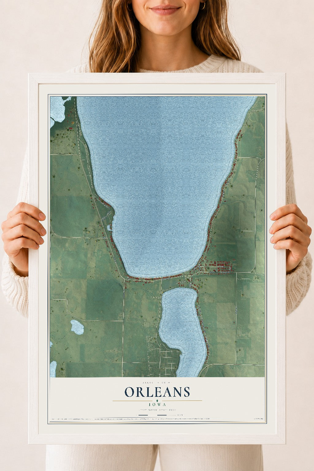 Map of Orleans, Iowa, 18 x 24 inch print in a white wood frame
