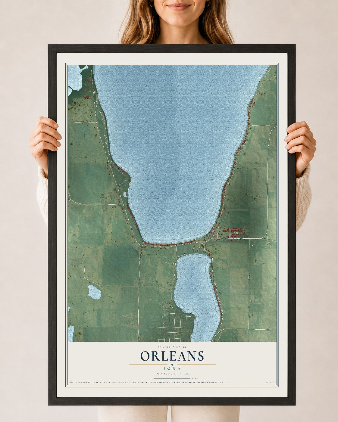 Map of Orleans, Iowa, 24 x 36 inch print in a black wood frame