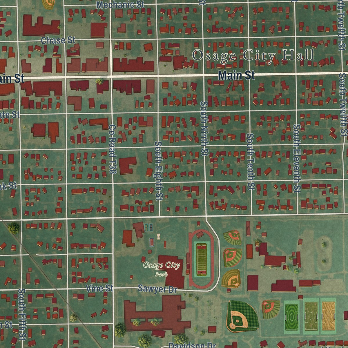 Close-up of the map of Osage, Iowa print showing street and building detail
