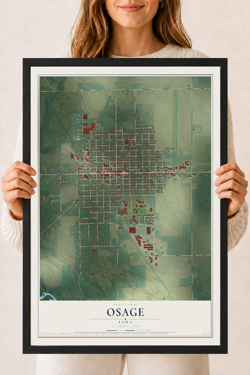 Map of Osage, Iowa, 18 x 24 inch print in a black wood frame
