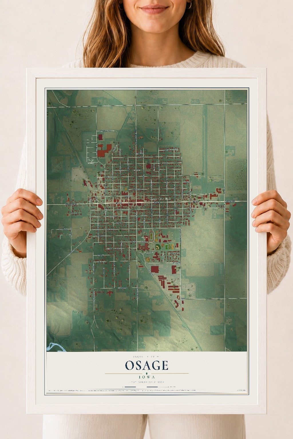 Map of Osage, Iowa, 18 x 24 inch print in a white wood frame
