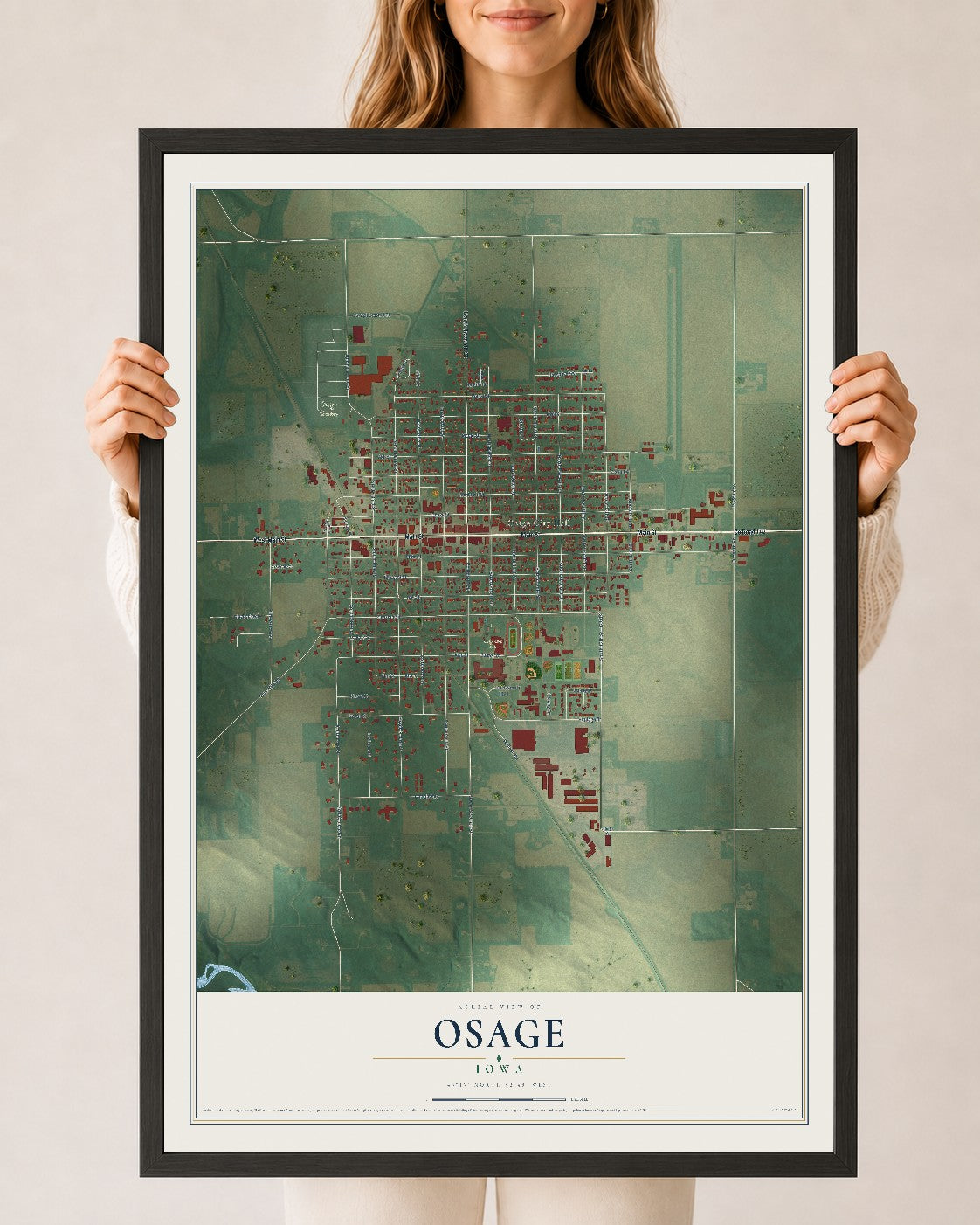 Map of Osage, Iowa, 24 x 36 inch print in a black wood frame