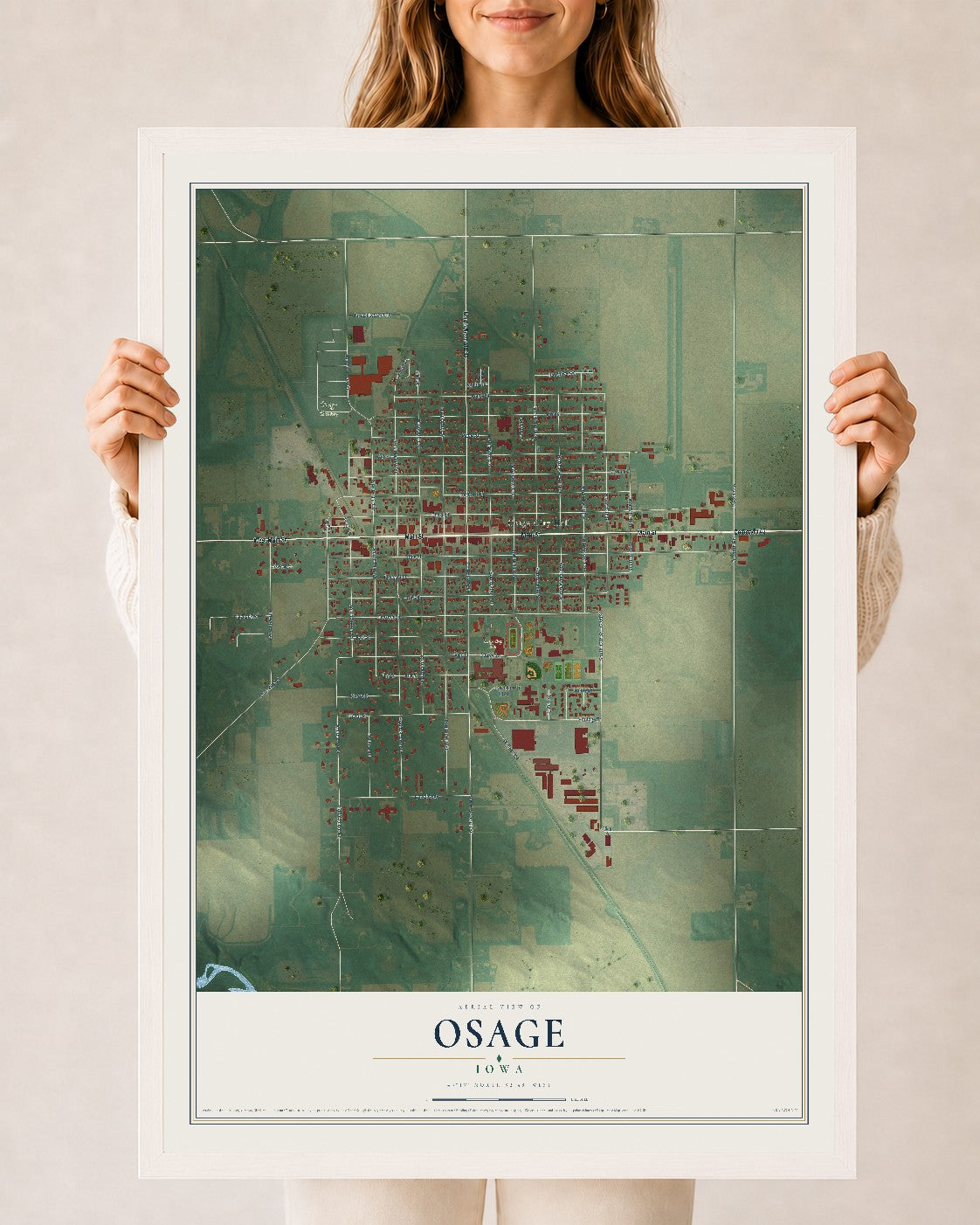 Map of Osage, Iowa, 24 x 36 inch print in a white wood frame