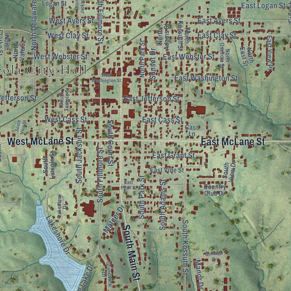 Close-up of the map of Osceola, Iowa print showing street and building detail