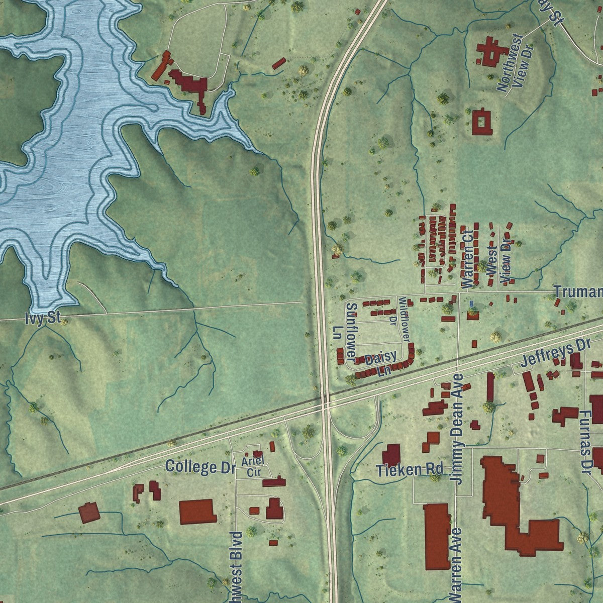 Second close-up of the map of Osceola, Iowa print showing more streets and buildings