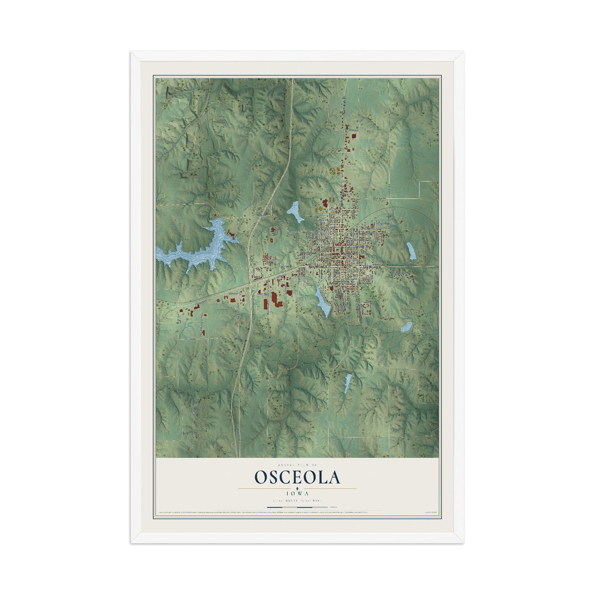 Map of Osceola, Iowa, 12 x 18 inch print in a white wood frame