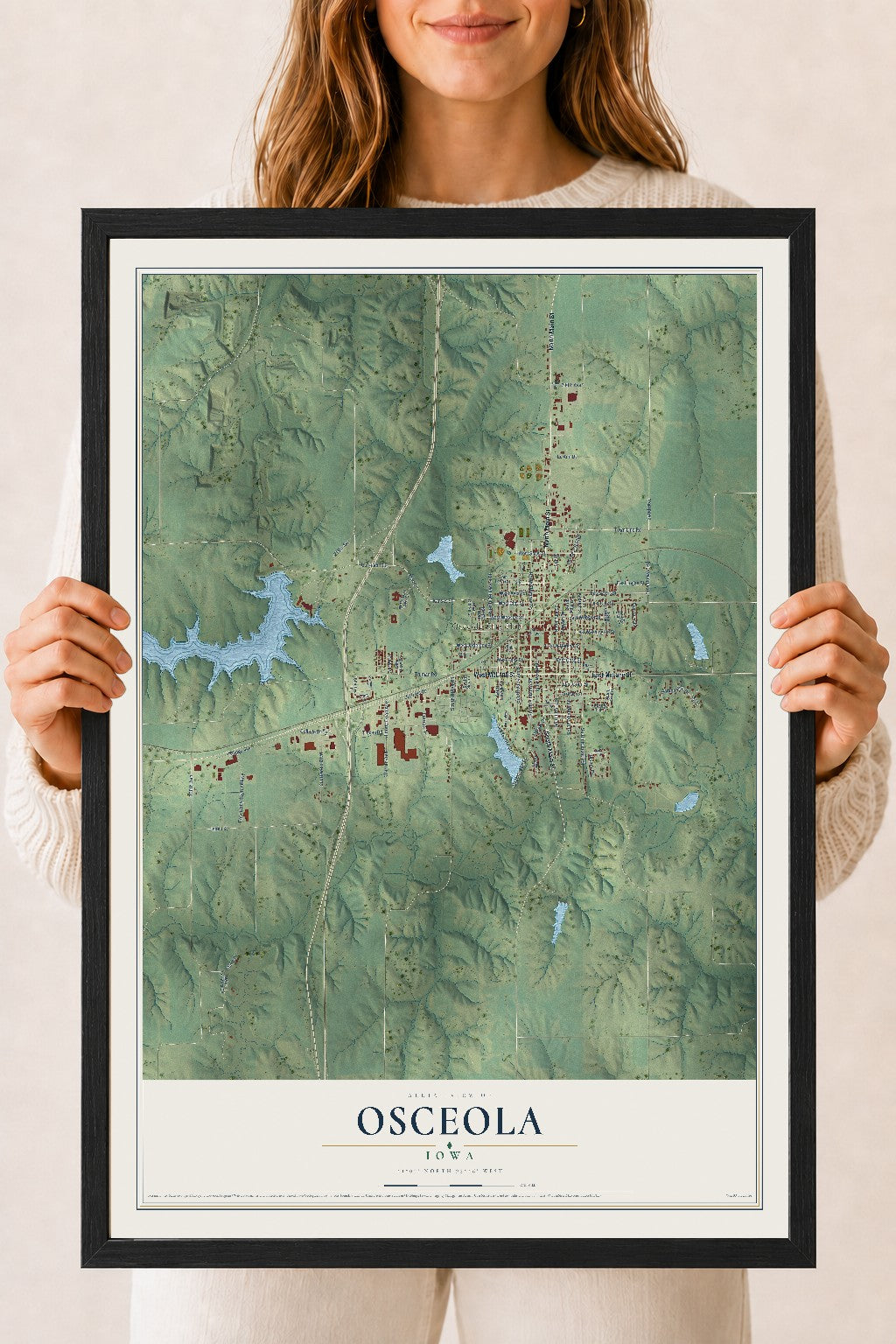 Map of Osceola, Iowa, 18 x 24 inch print in a black wood frame