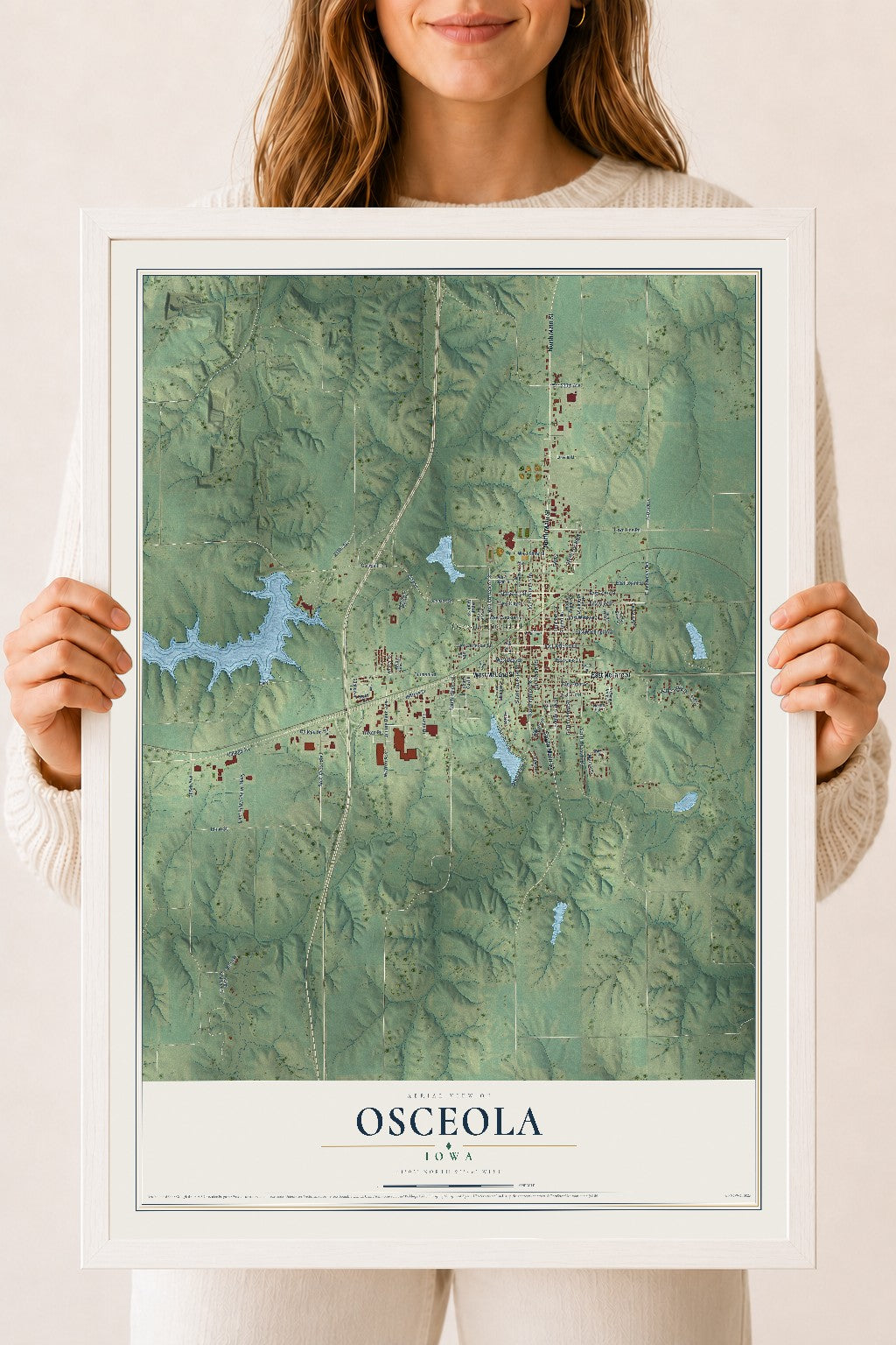 Map of Osceola, Iowa, 18 x 24 inch print in a white wood frame