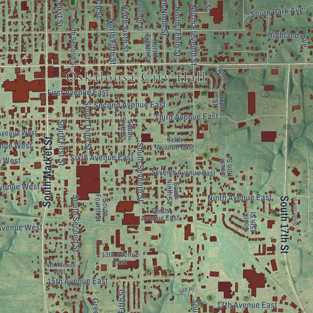 Close-up of the map of Oskaloosa, Iowa print showing street and building detail