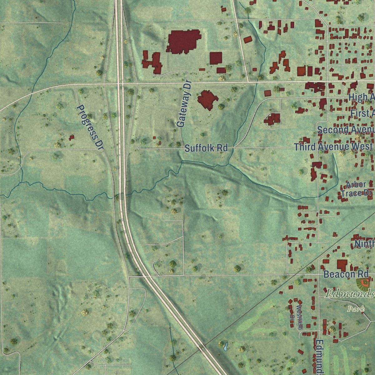 Second close-up of the map of Oskaloosa, Iowa print showing more streets and buildings