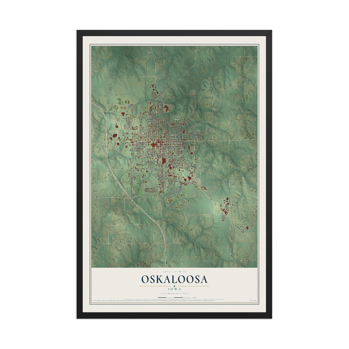 Map of Oskaloosa, Iowa, 12 x 18 inch print in a black wood frame