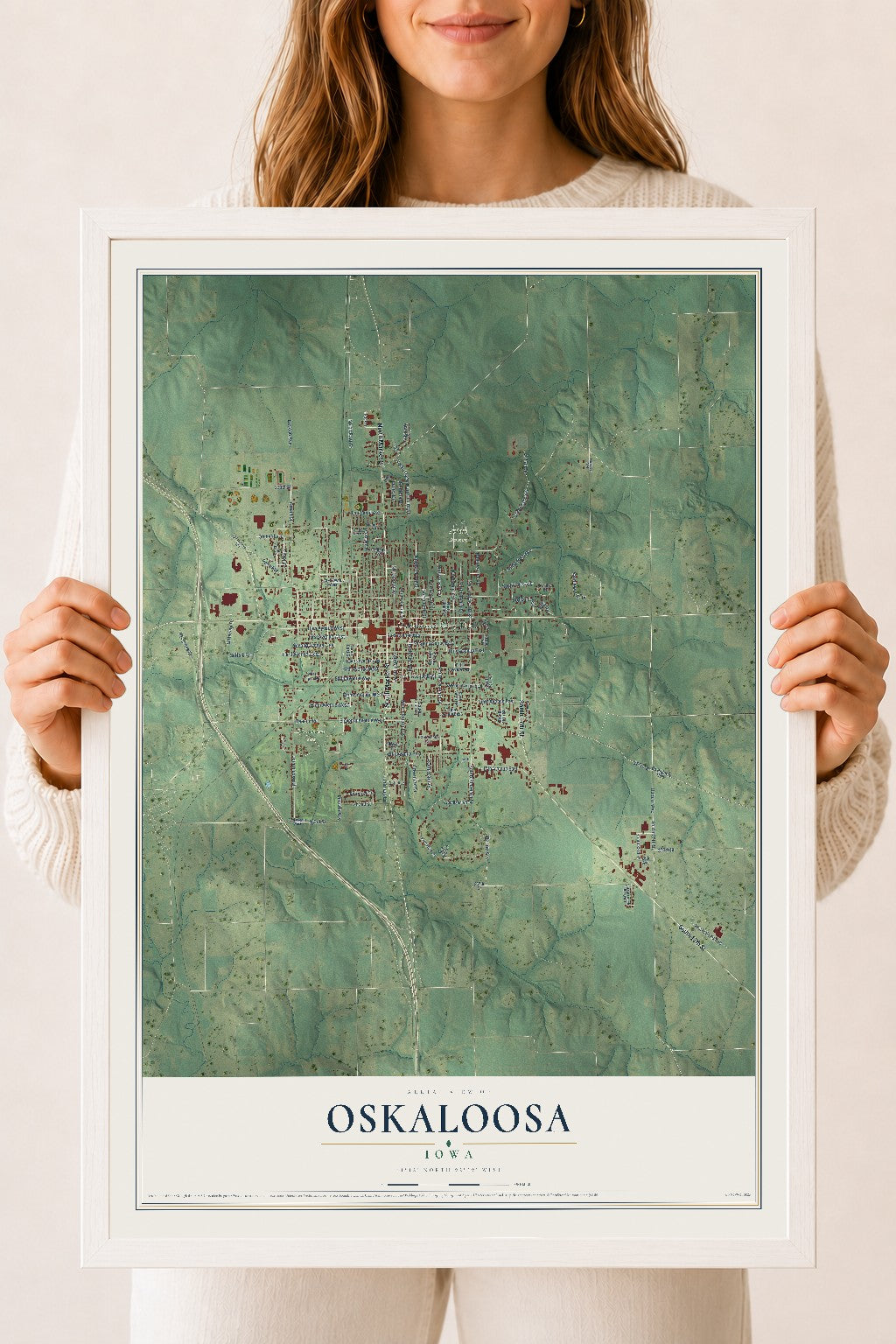 Map of Oskaloosa, Iowa, 18 x 24 inch print in a white wood frame