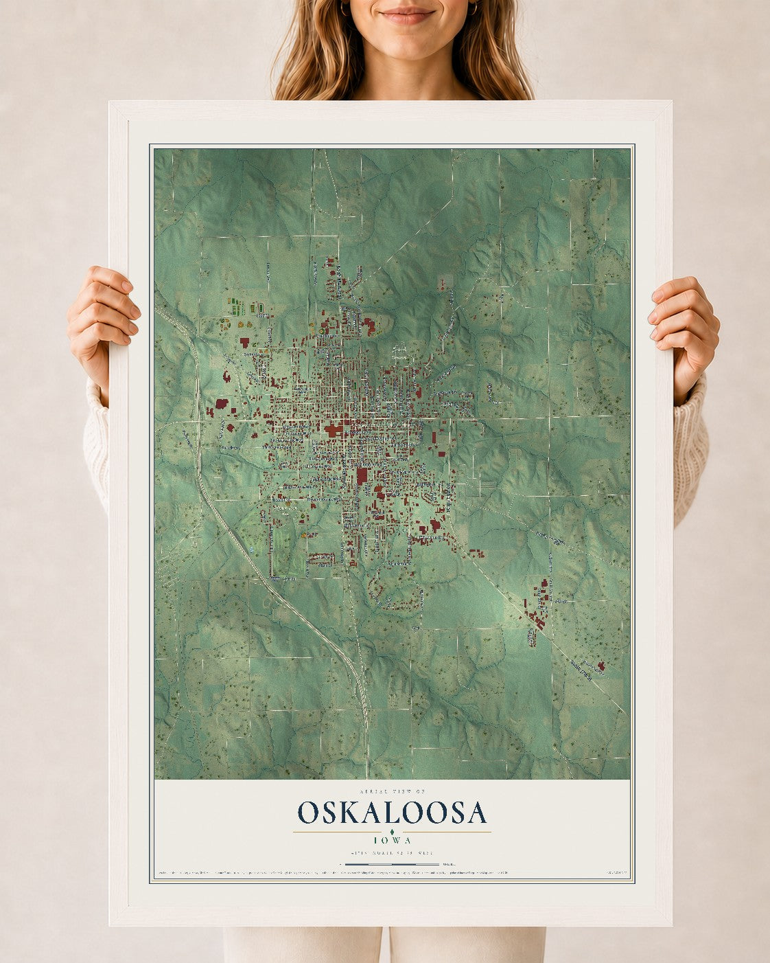 Map of Oskaloosa, Iowa, 24 x 36 inch print in a white wood frame