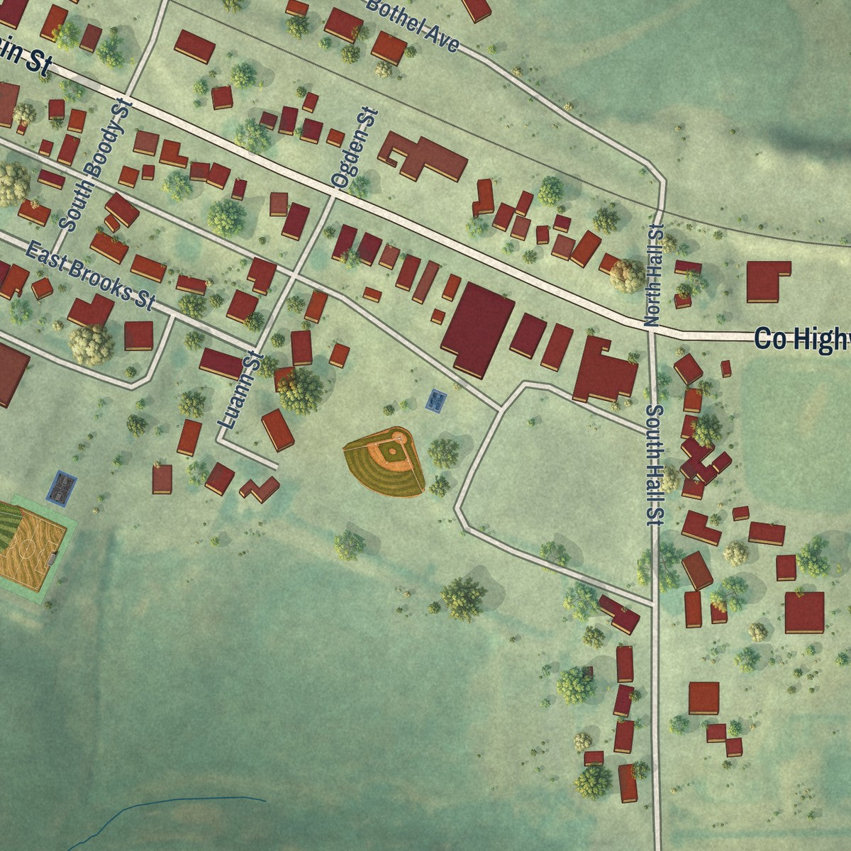 Second close-up of the map of Ossian, Iowa print showing more streets and buildings