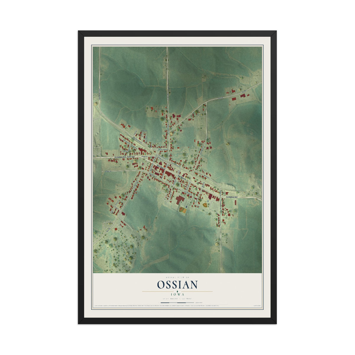 Map of Ossian, Iowa, 12 x 18 inch print in a black wood frame