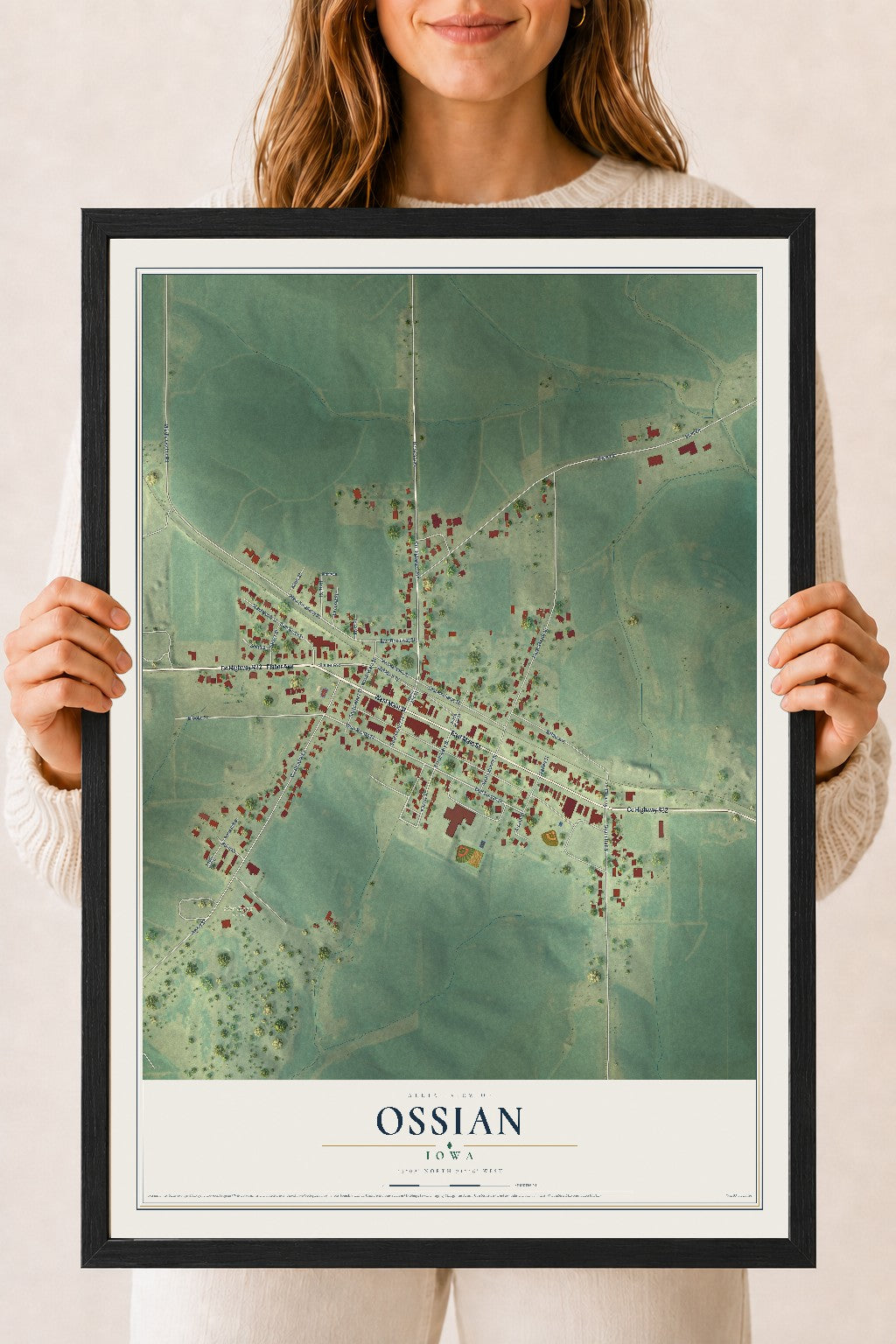 Map of Ossian, Iowa, 18 x 24 inch print in a black wood frame