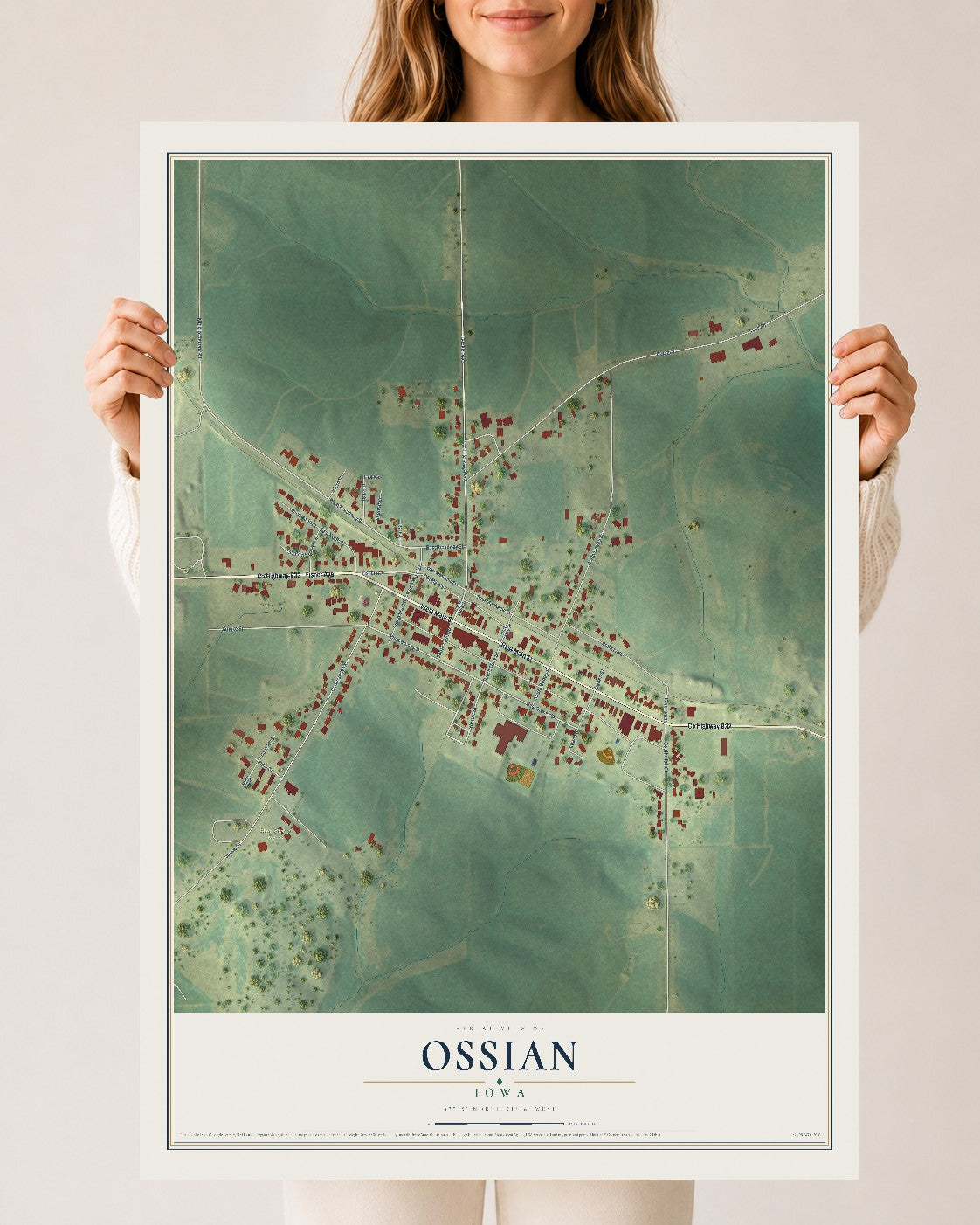 Map of Ossian, Iowa, 24 x 36 inch unframed archival matte print