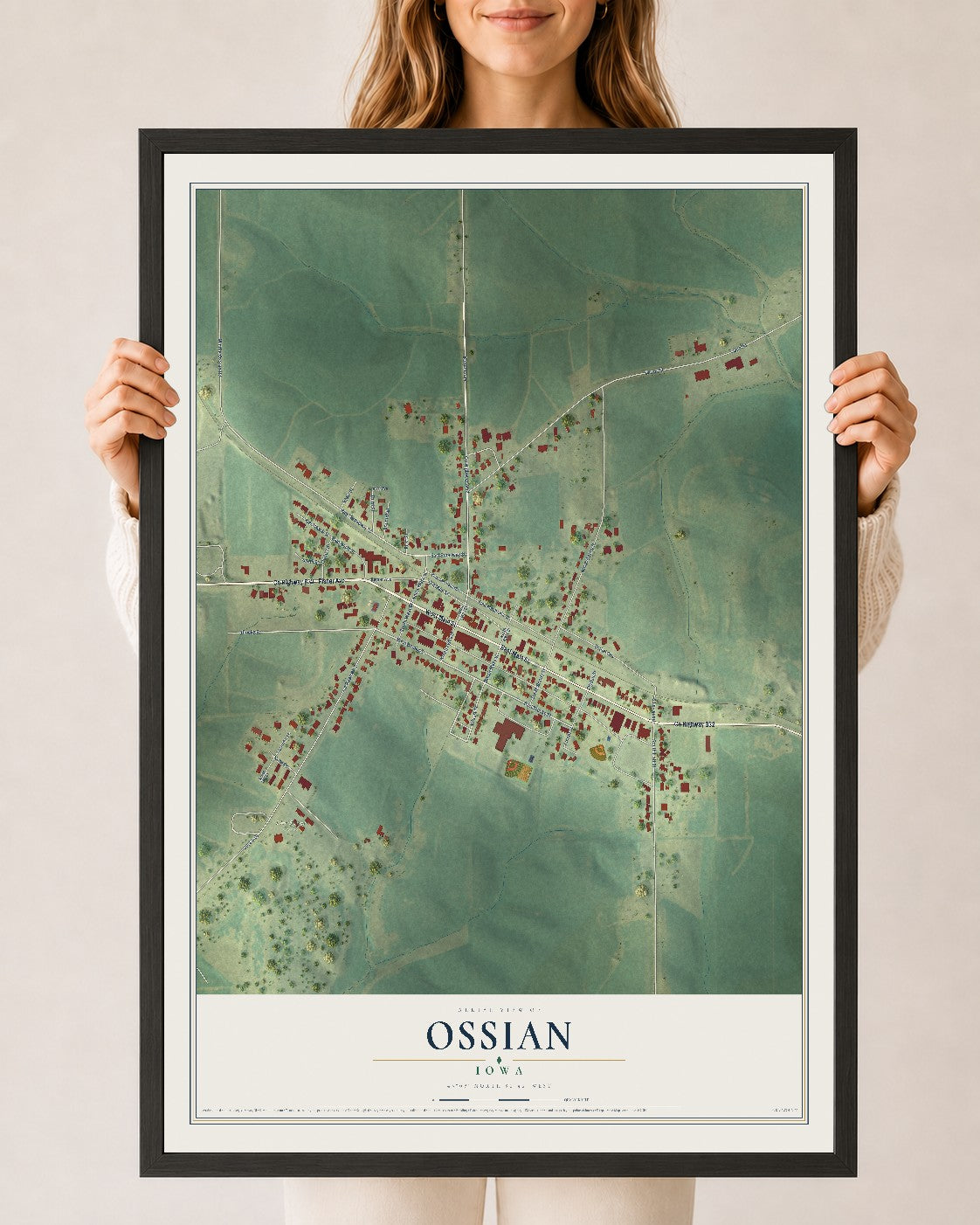 Map of Ossian, Iowa, 24 x 36 inch print in a black wood frame