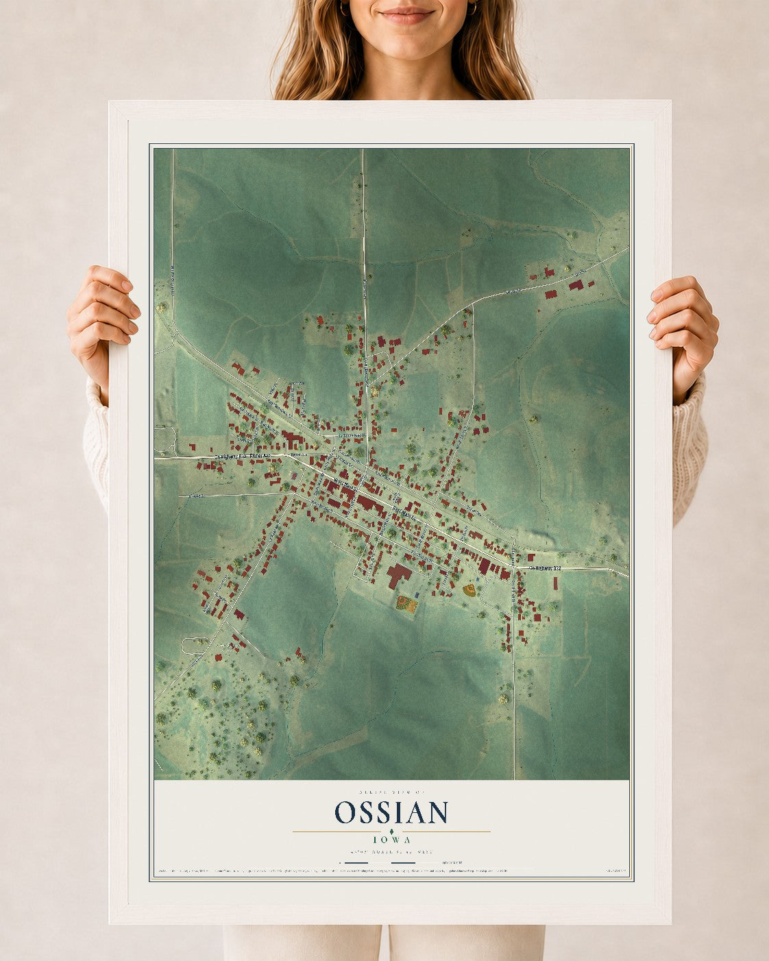 Map of Ossian, Iowa, 24 x 36 inch print in a white wood frame