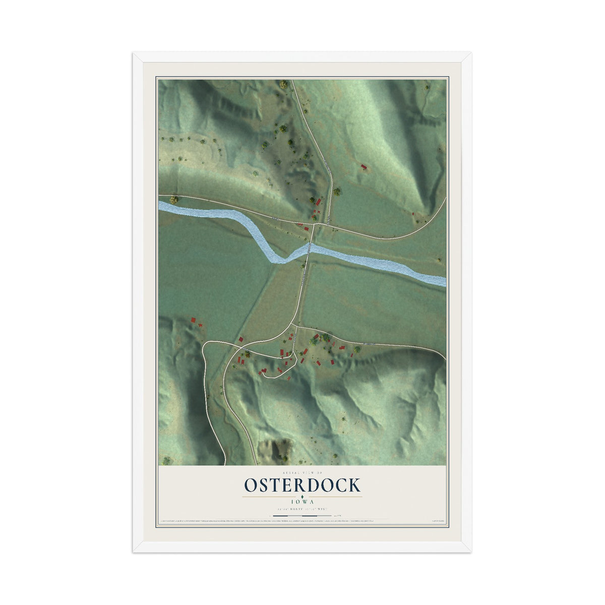 Map of Osterdock, Iowa, 12 x 18 inch print in a white wood frame