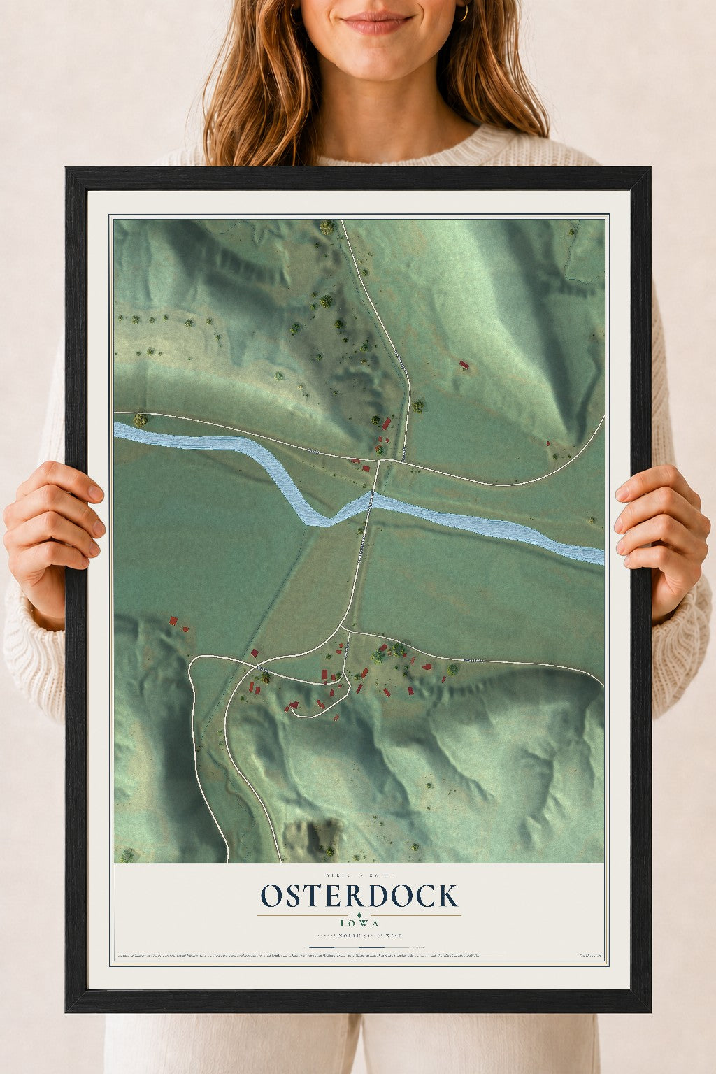 Map of Osterdock, Iowa, 18 x 24 inch print in a black wood frame