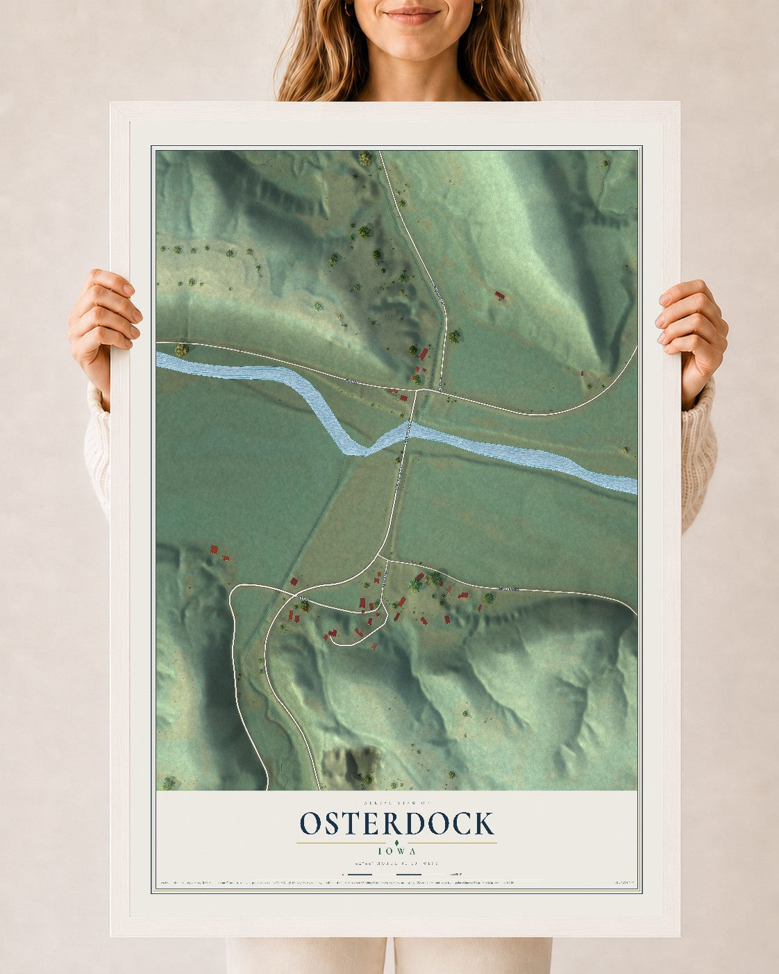 Map of Osterdock, Iowa, 24 x 36 inch print in a white wood frame