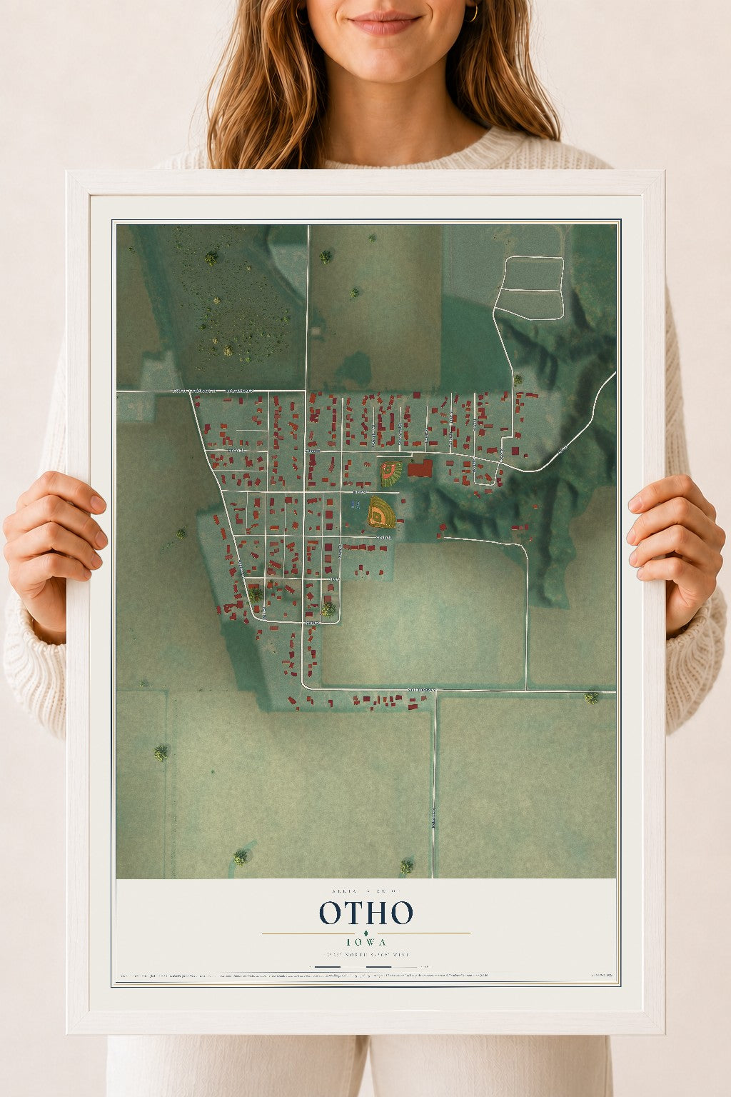 Map of Otho, Iowa, 18 x 24 inch print in a white wood frame