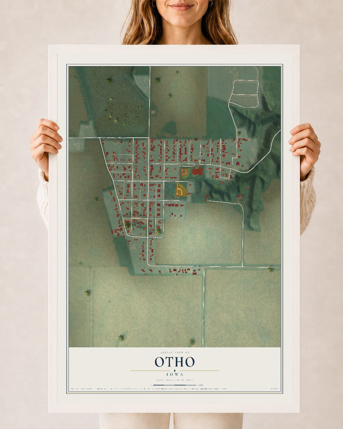 Map of Otho, Iowa, 24 x 36 inch print in a white wood frame