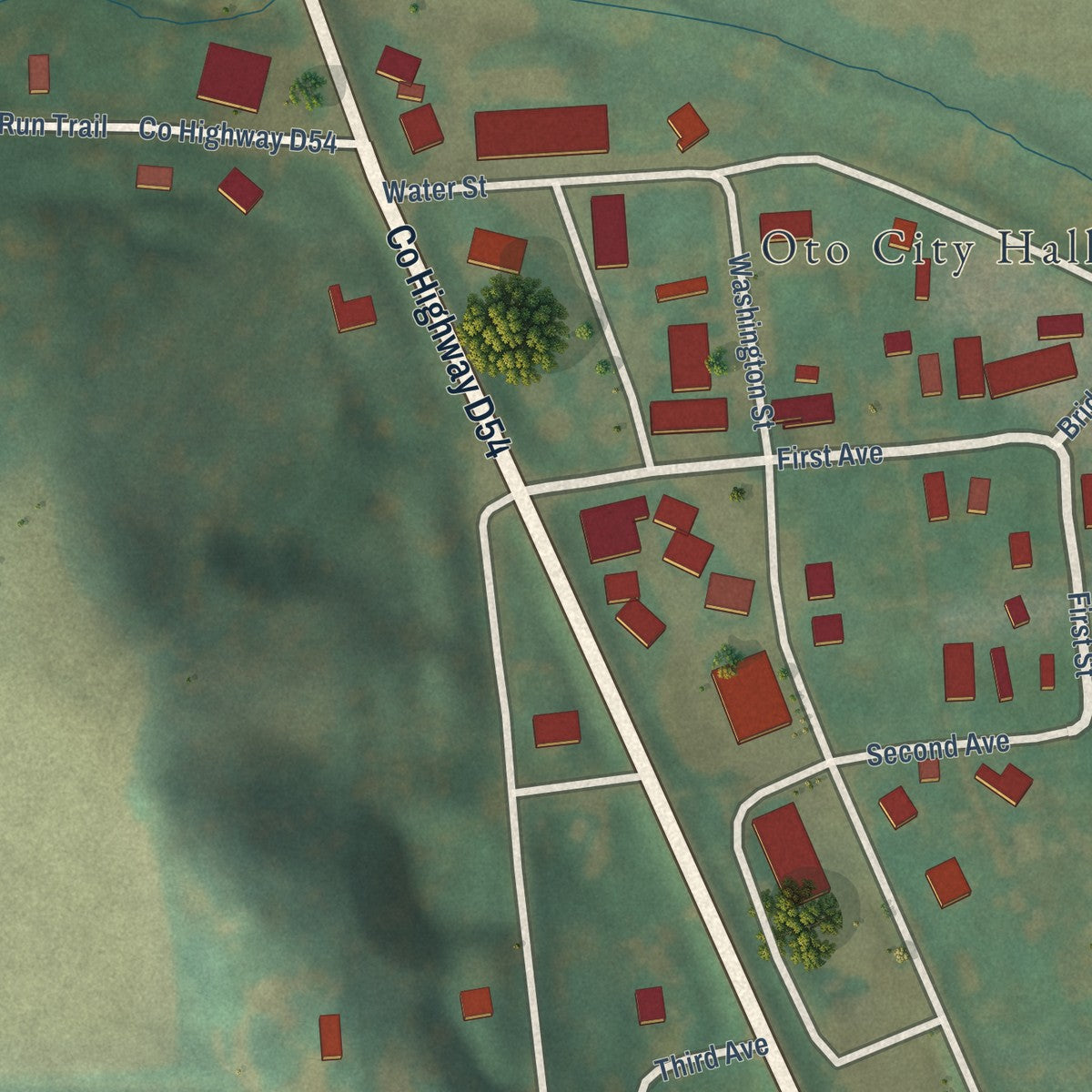 Close-up of the map of Oto, Iowa print showing street and building detail