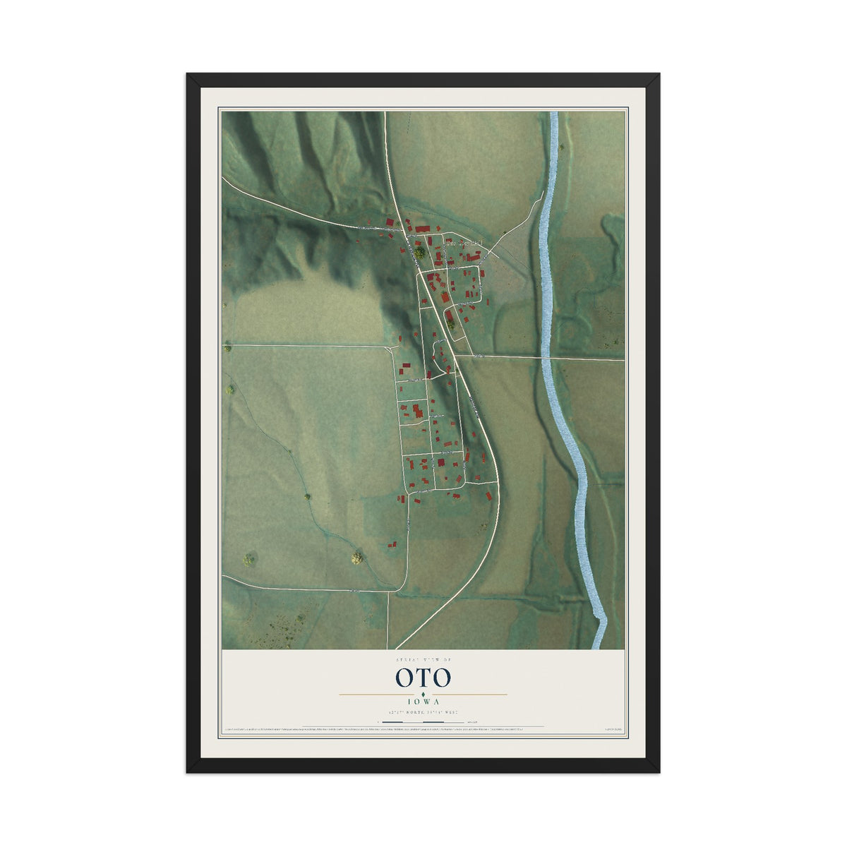Map of Oto, Iowa, 12 x 18 inch print in a black wood frame
