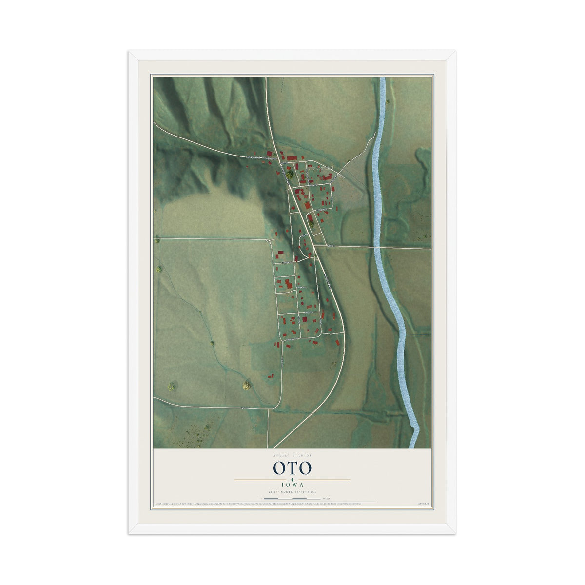 Map of Oto, Iowa, 12 x 18 inch print in a white wood frame