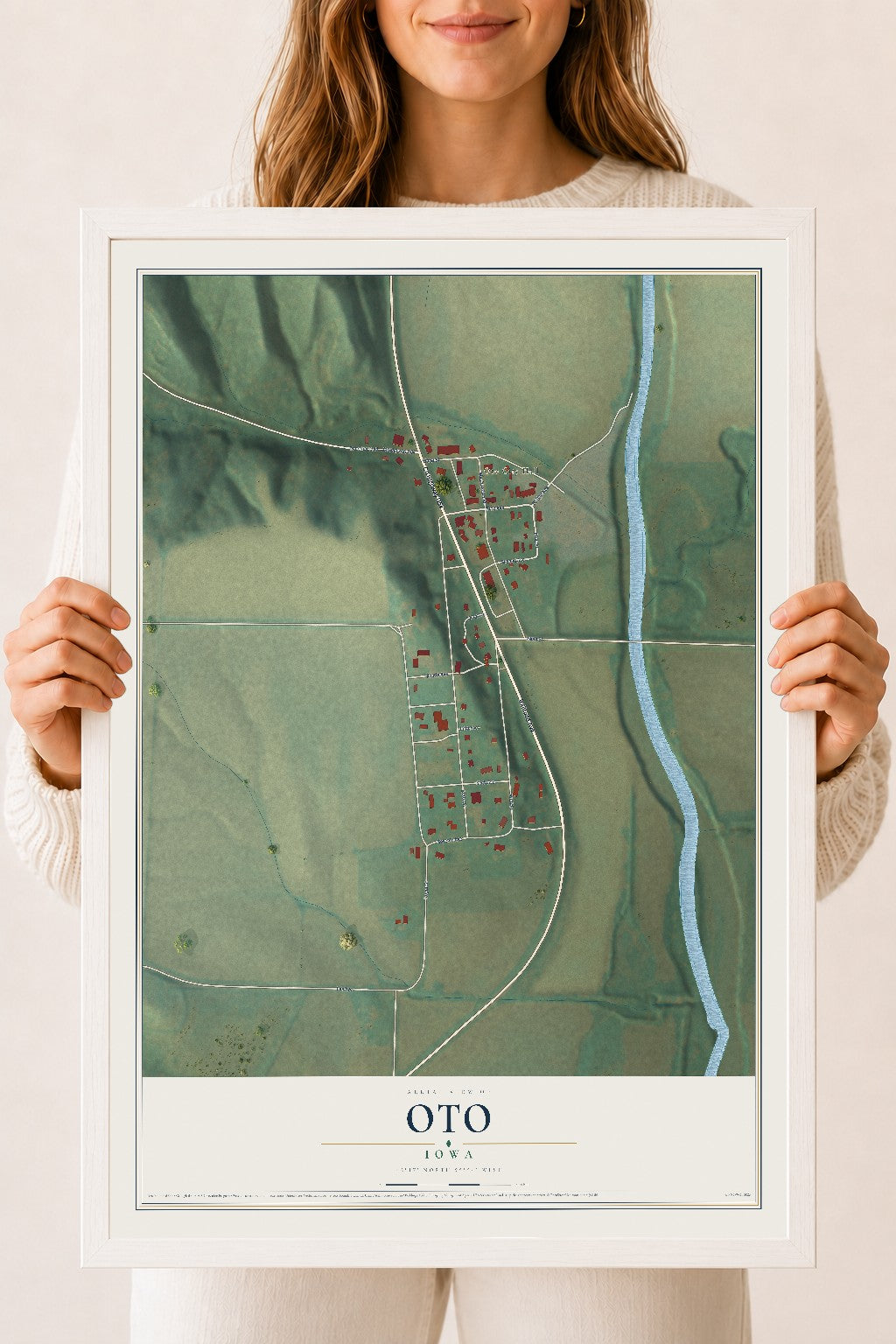 Map of Oto, Iowa, 18 x 24 inch print in a white wood frame
