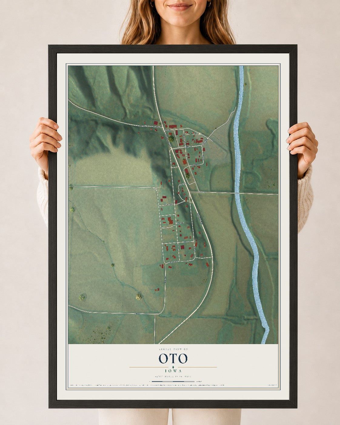 Map of Oto, Iowa, 24 x 36 inch print in a black wood frame