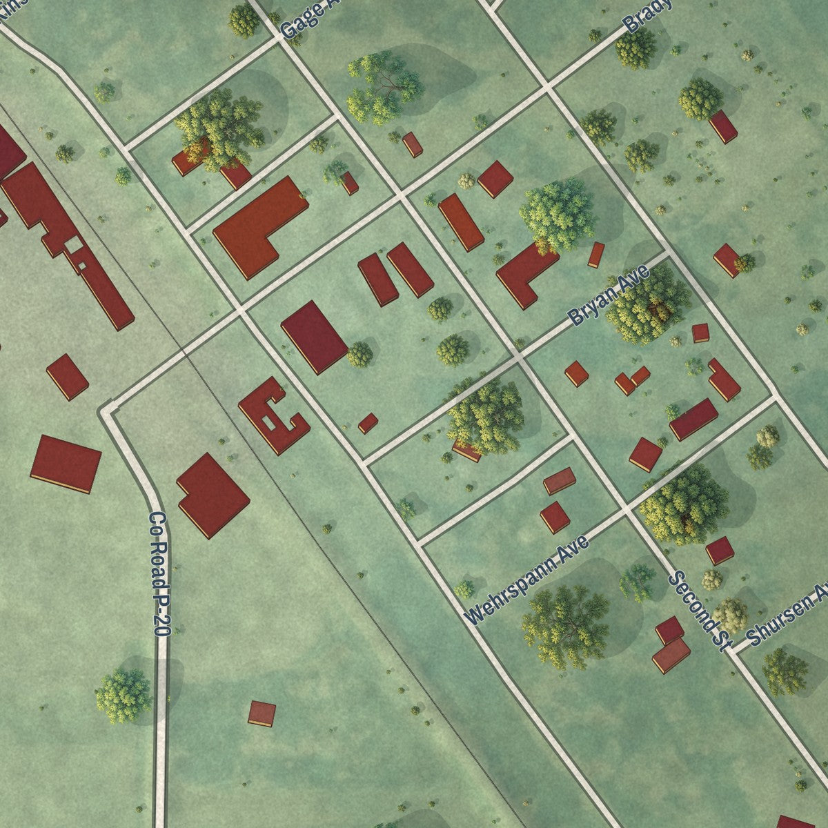 Close-up of the map of Ottosen, Iowa print showing street and building detail