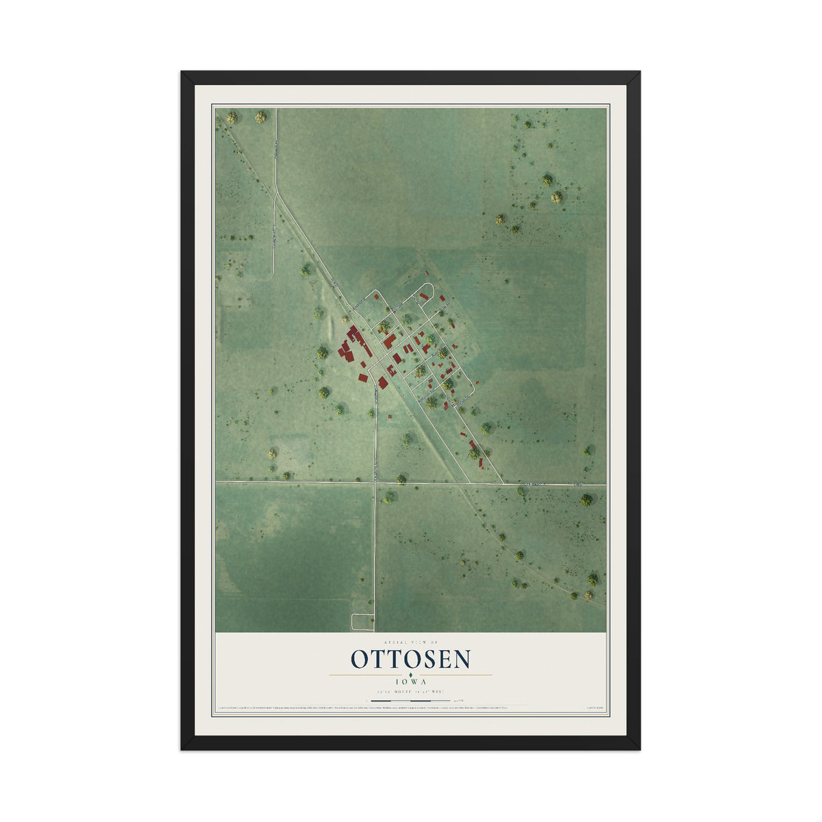 Map of Ottosen, Iowa, 12 x 18 inch print in a black wood frame