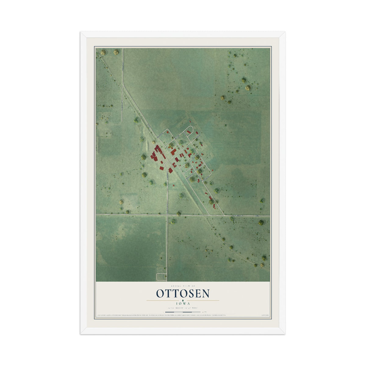 Map of Ottosen, Iowa, 12 x 18 inch print in a white wood frame