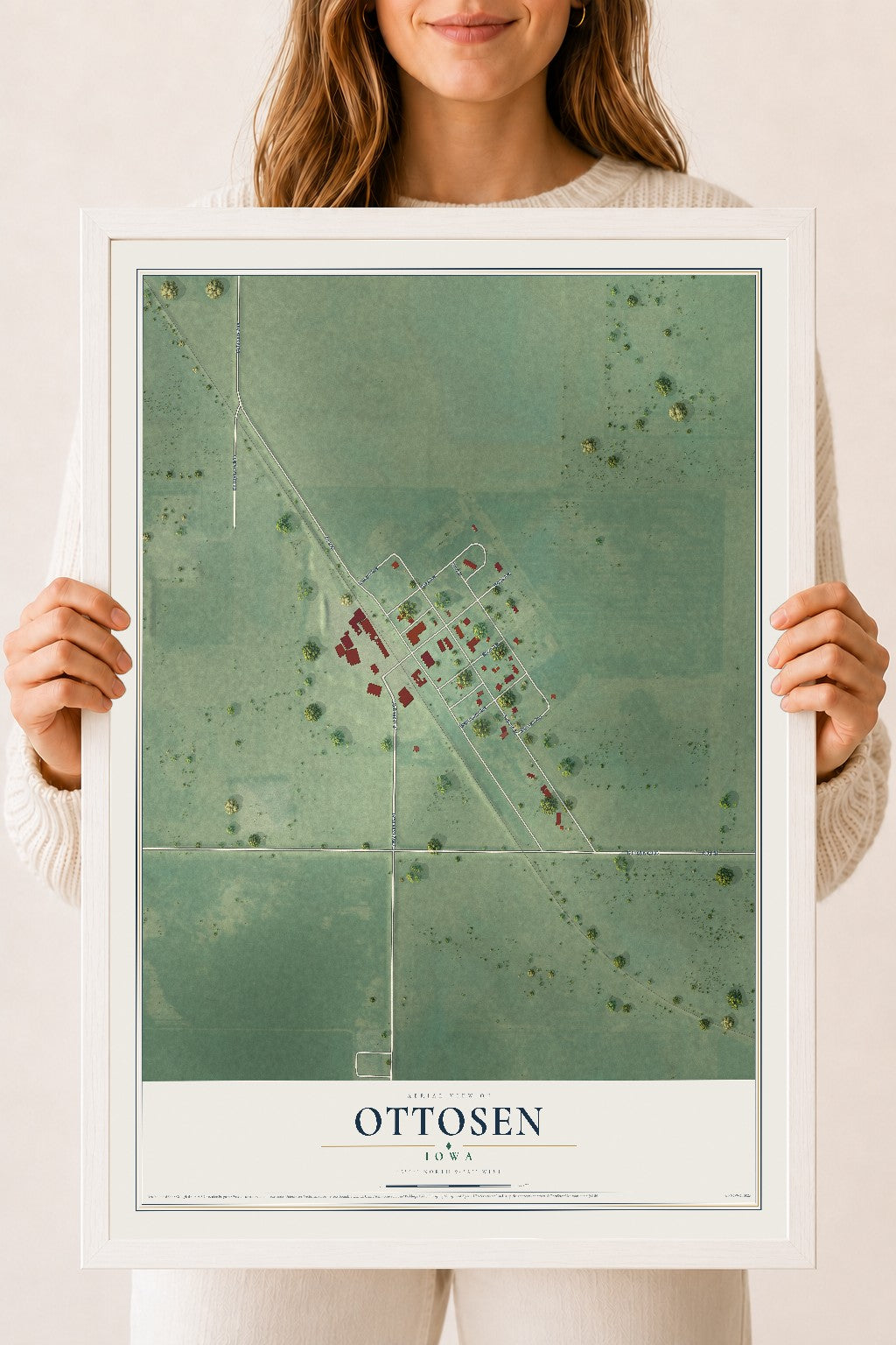 Map of Ottosen, Iowa, 18 x 24 inch print in a white wood frame