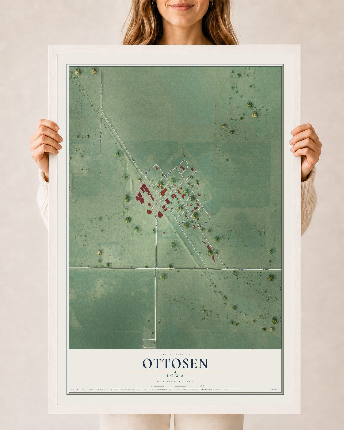 Map of Ottosen, Iowa, 24 x 36 inch print in a white wood frame