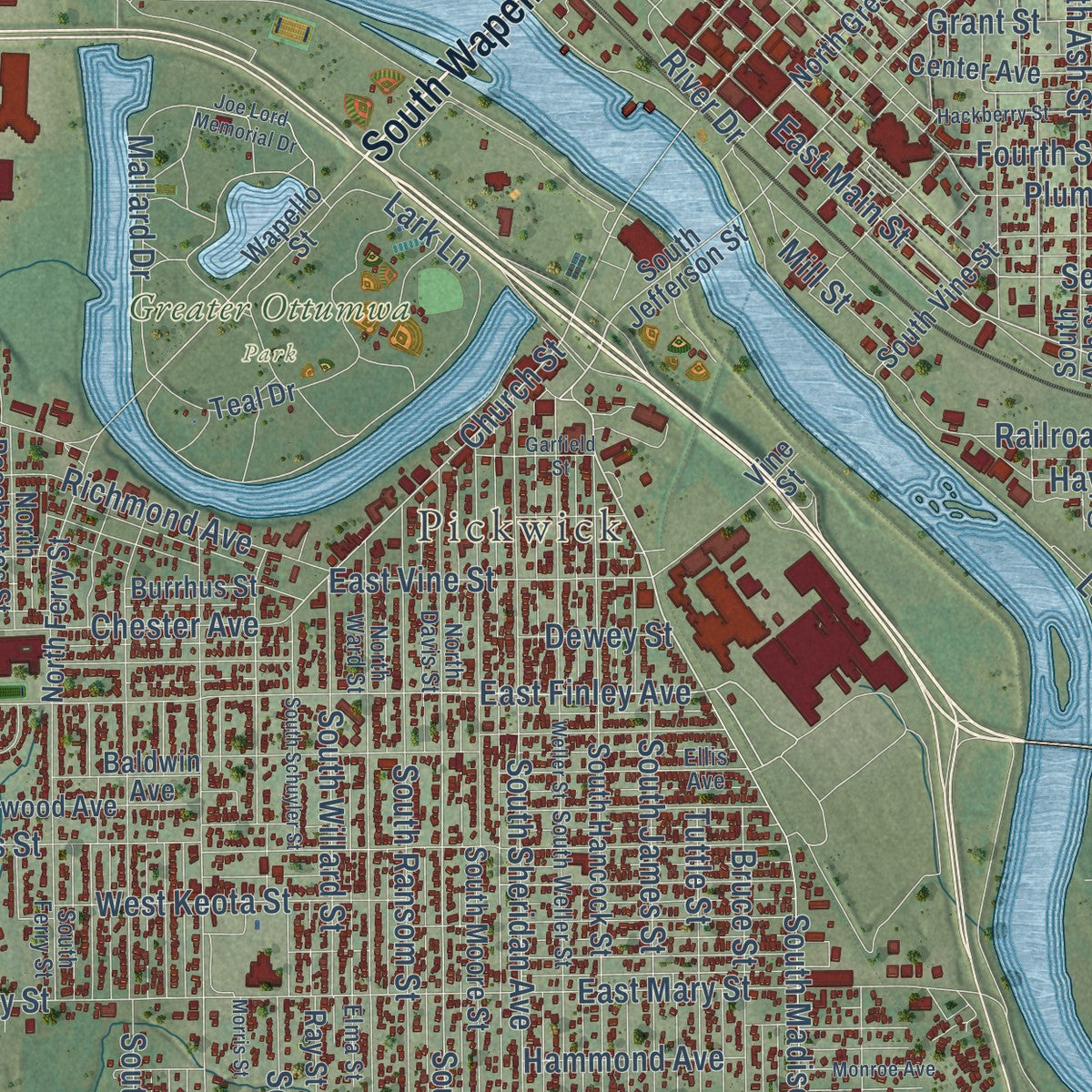 Close-up of the map of Ottumwa, Iowa print showing street and building detail