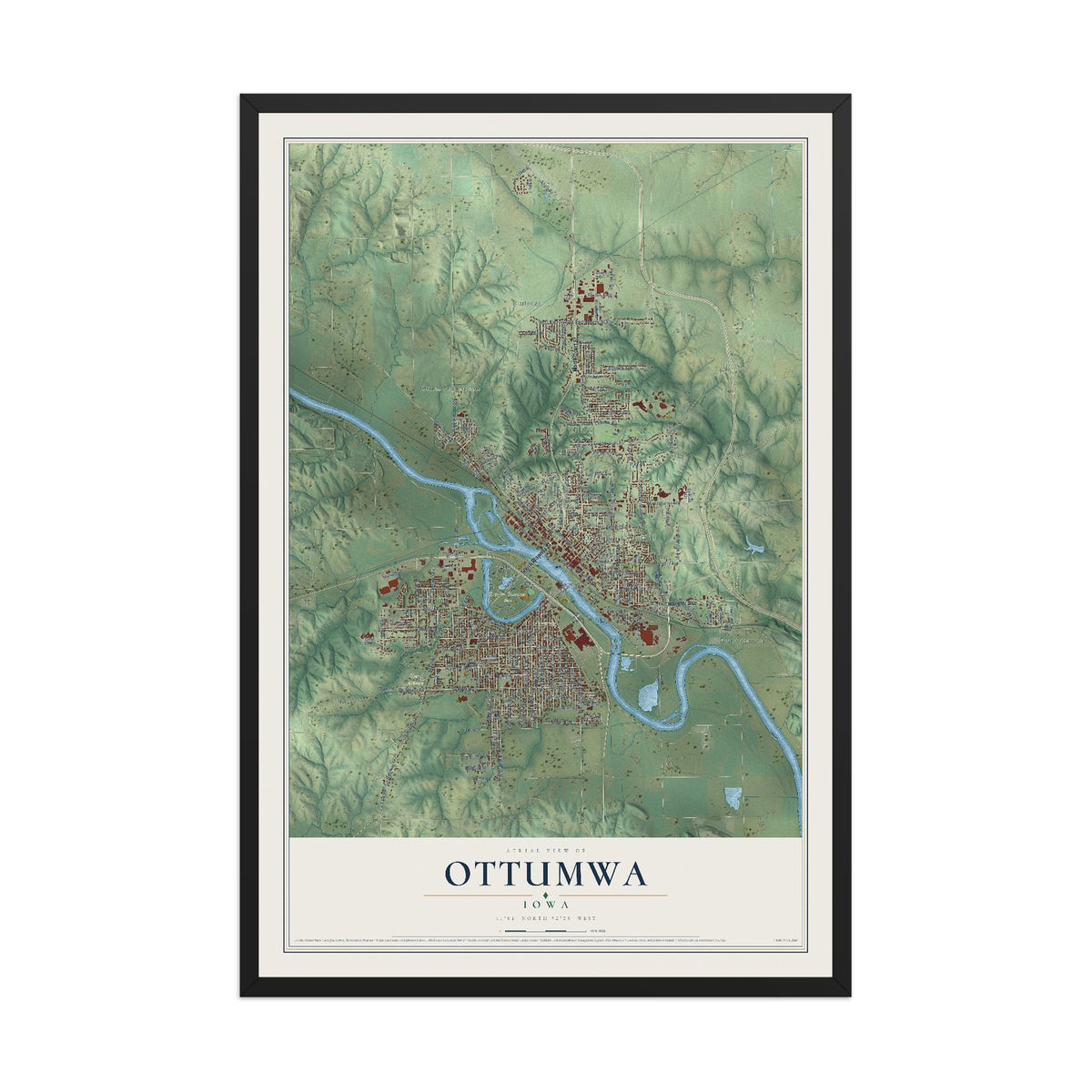 Map of Ottumwa, Iowa, 12 x 18 inch print in a black wood frame
