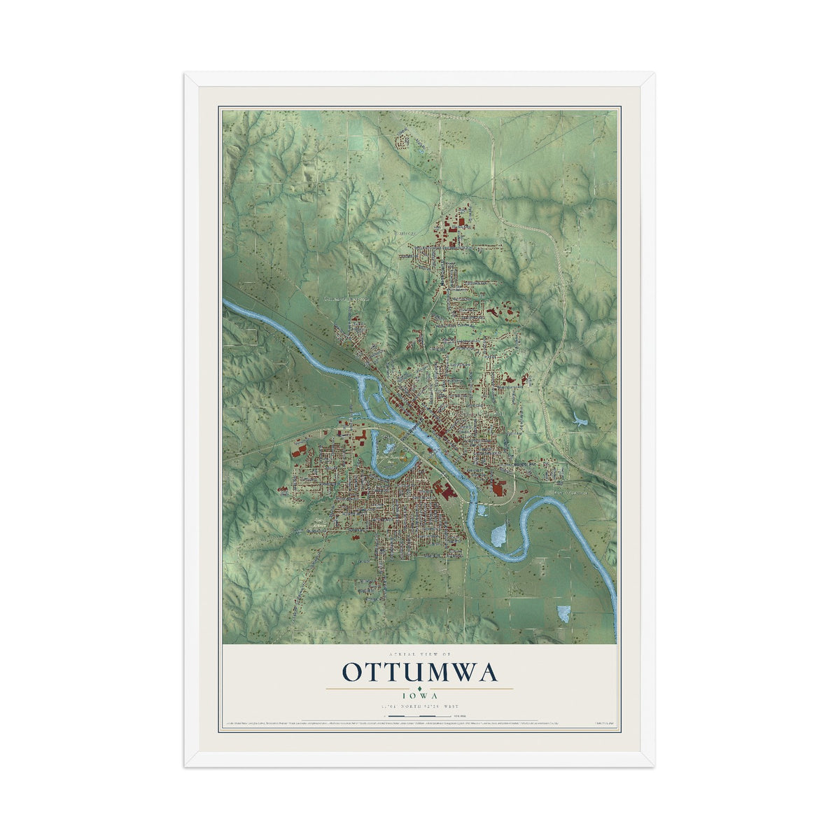 Map of Ottumwa, Iowa, 12 x 18 inch print in a white wood frame