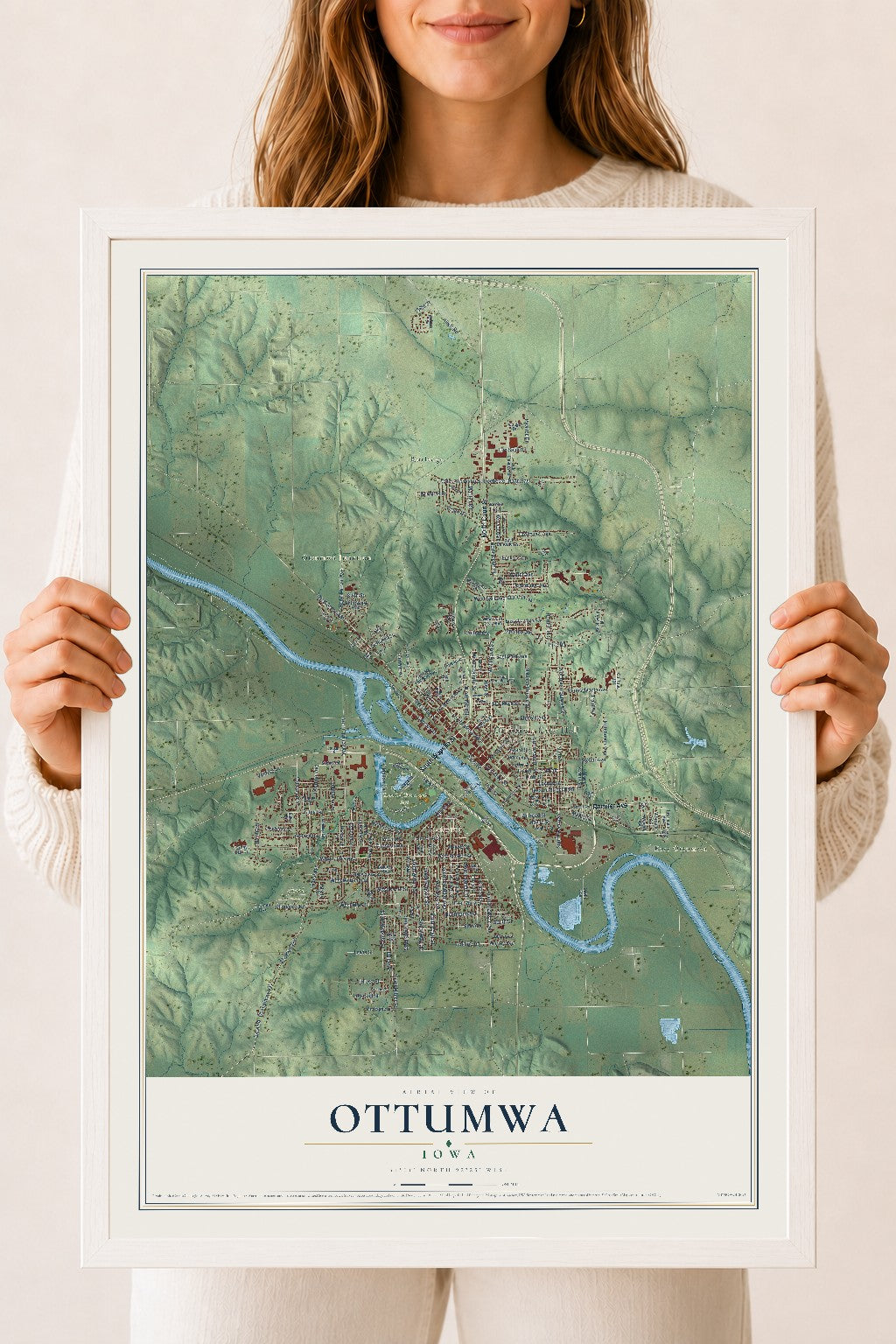 Map of Ottumwa, Iowa, 18 x 24 inch print in a white wood frame