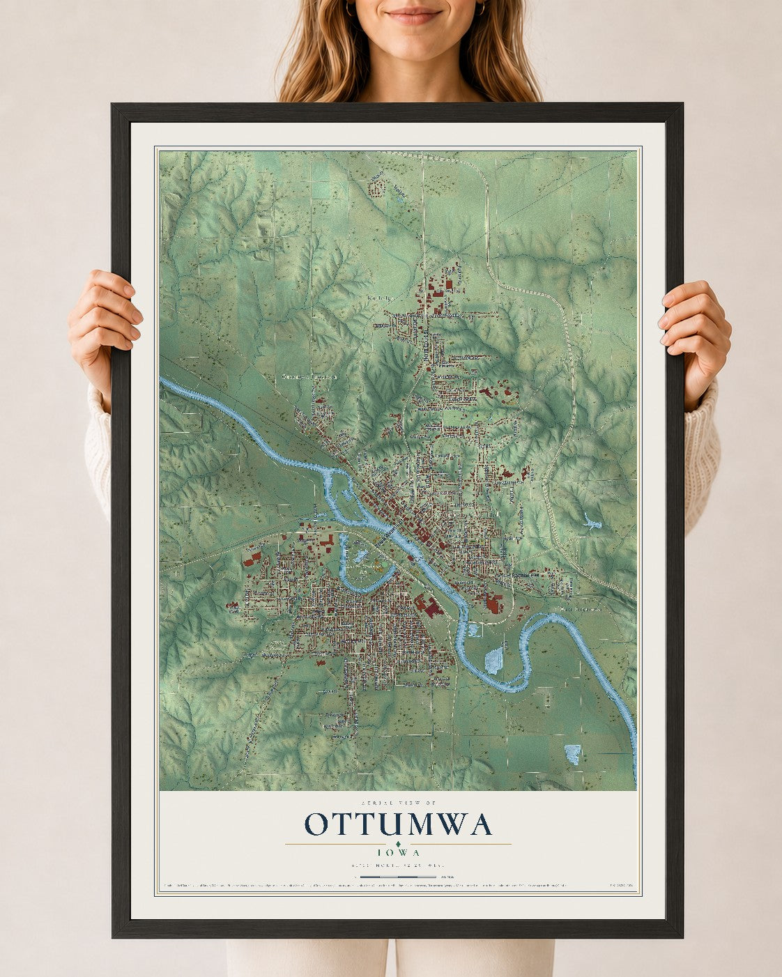 Map of Ottumwa, Iowa, 24 x 36 inch print in a black wood frame