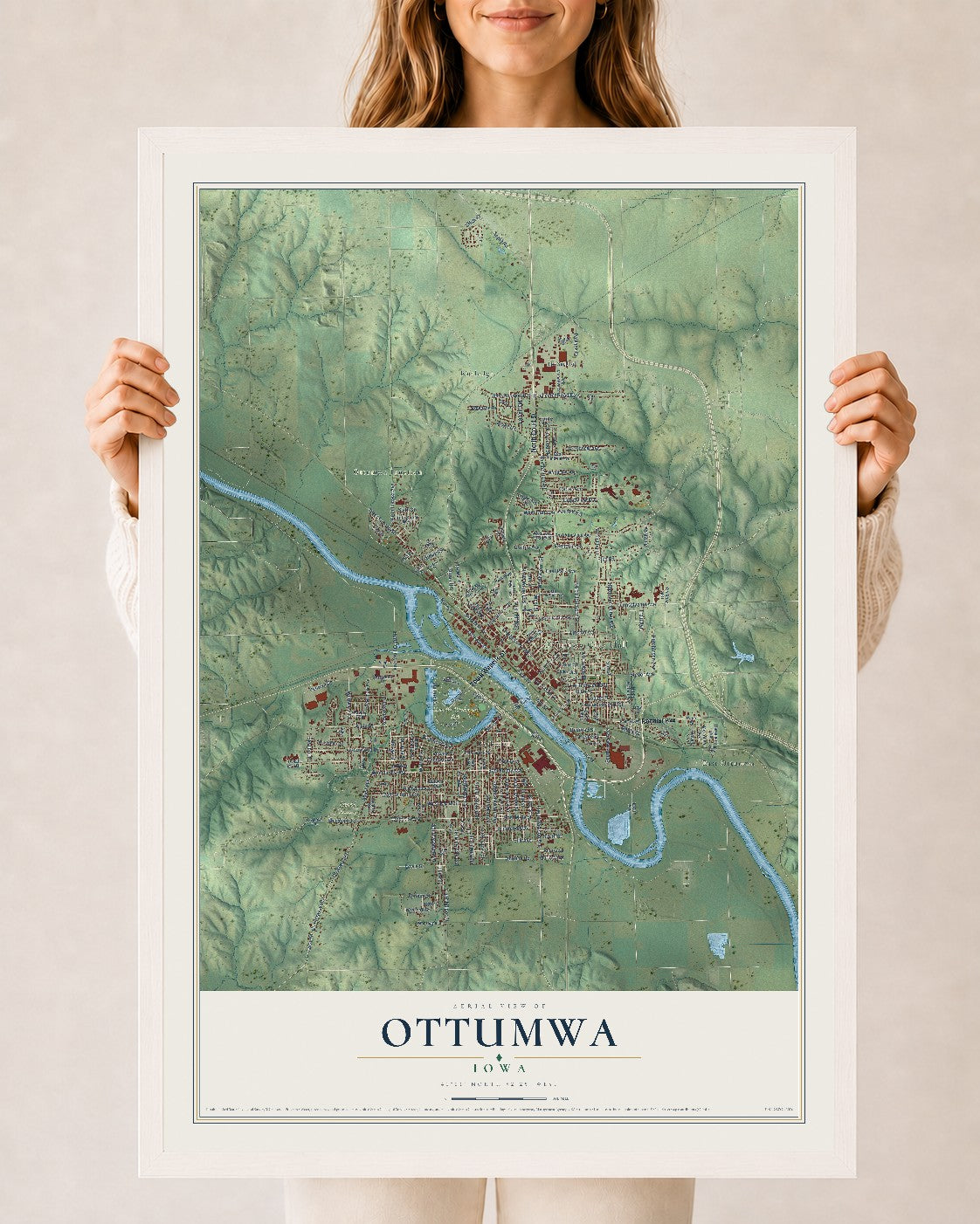 Map of Ottumwa, Iowa, 24 x 36 inch print in a white wood frame